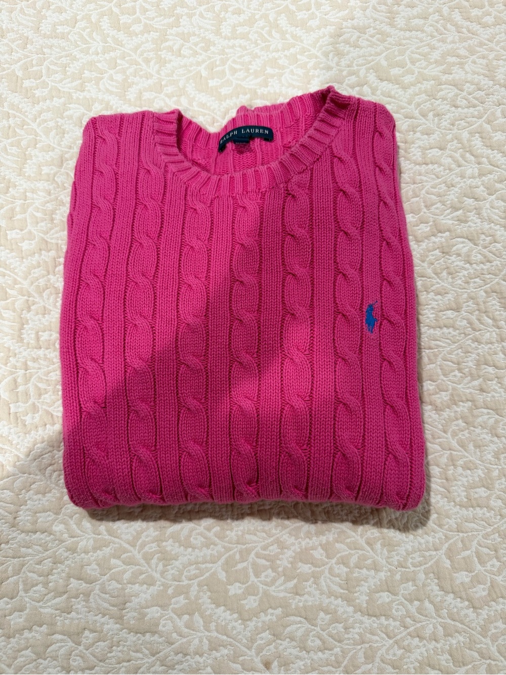 Ralph Lauren Women's Cable Knit Crewneck Sweater - Hot Pink with Blue Pony